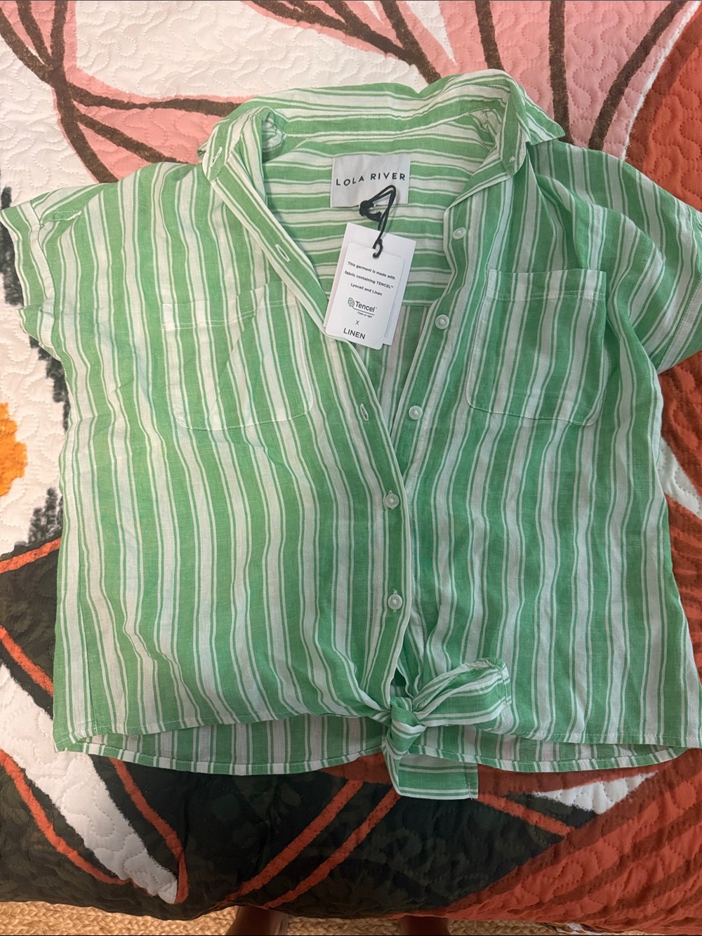 Lola River Green Striped Linen Tie-Front Blouse